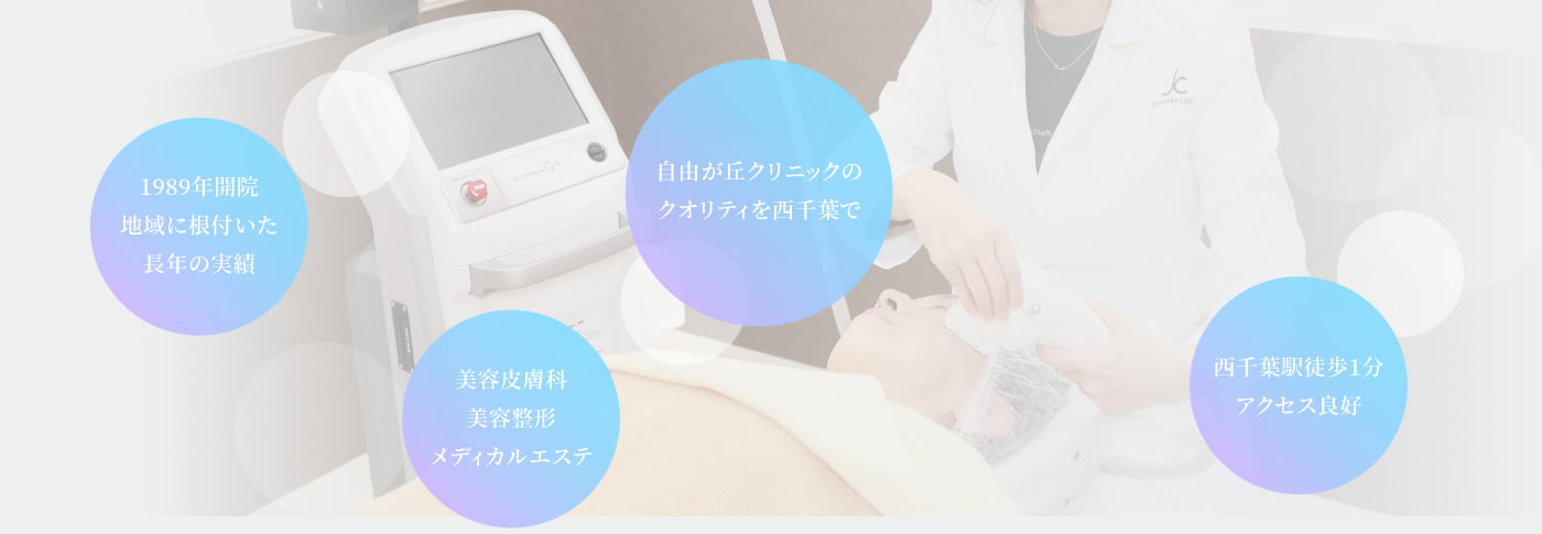 1989年開院 地域に根付いた長年の実績 女性院長だから気軽に相談しやすい 自由が丘クリニックのクオリティを千葉で受けられる 西千葉駅徒歩1分とアクセス良好