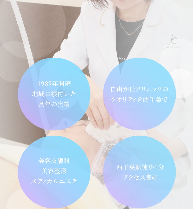 1989年開院 地域に根付いた長年の実績 女性院長だから気軽に相談しやすい 自由が丘クリニックのクオリティを千葉で受けられる 西千葉駅徒歩1分とアクセス良好